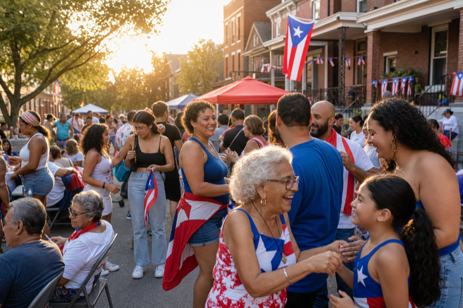Puerto Rican families and musicians celebrating together at a Cleveland cultural block party