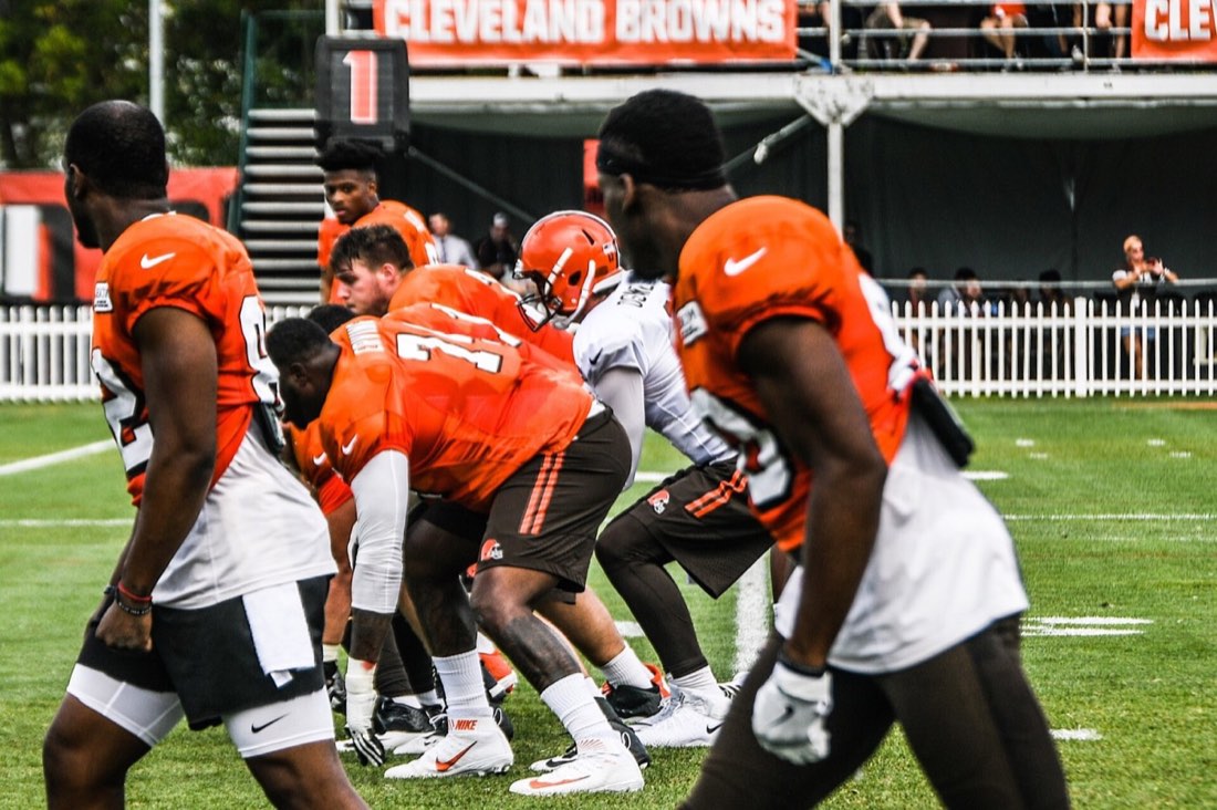 Cleveland Browns players practicing during training camp in Berea