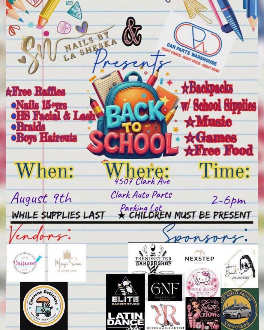 Flyer for the August 9 back-to-school event at 4507 Clark Avenue