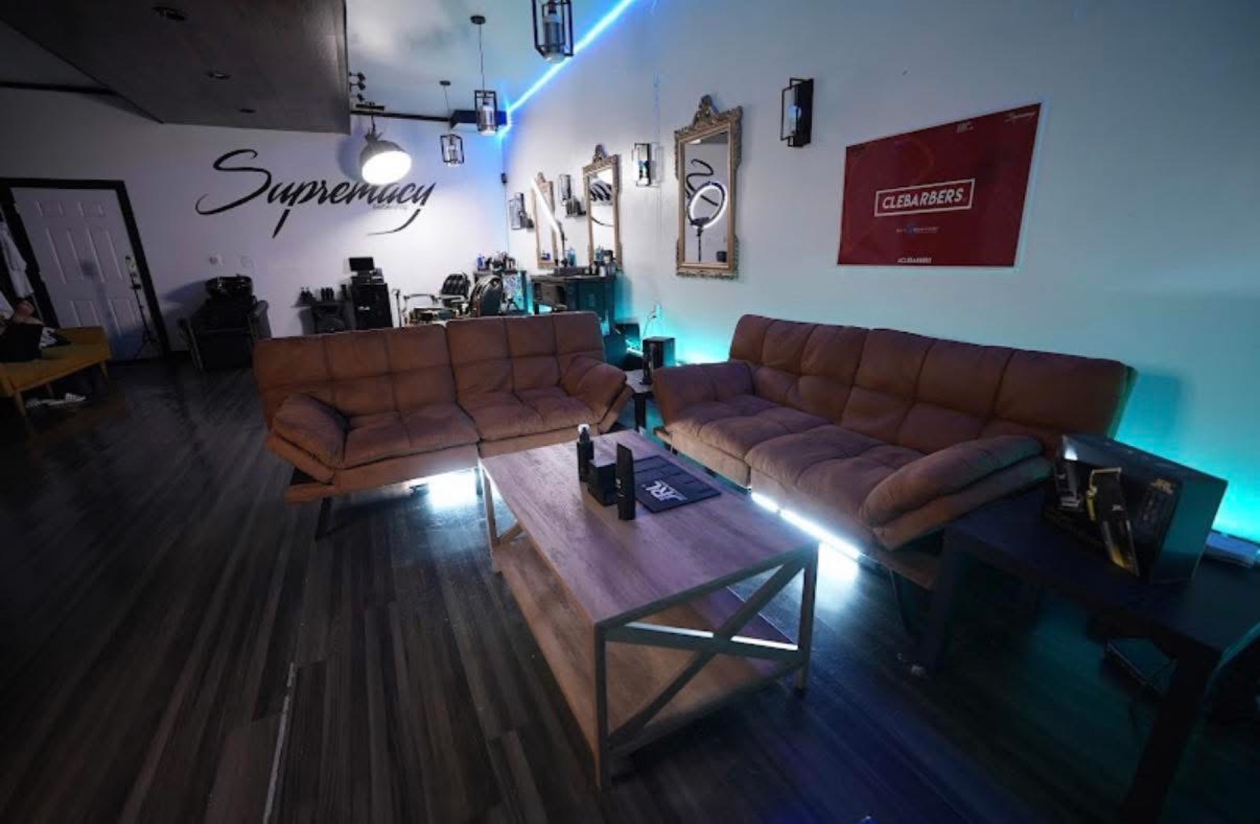 The customer lounge inside Supremacy Barbershop in Cleveland