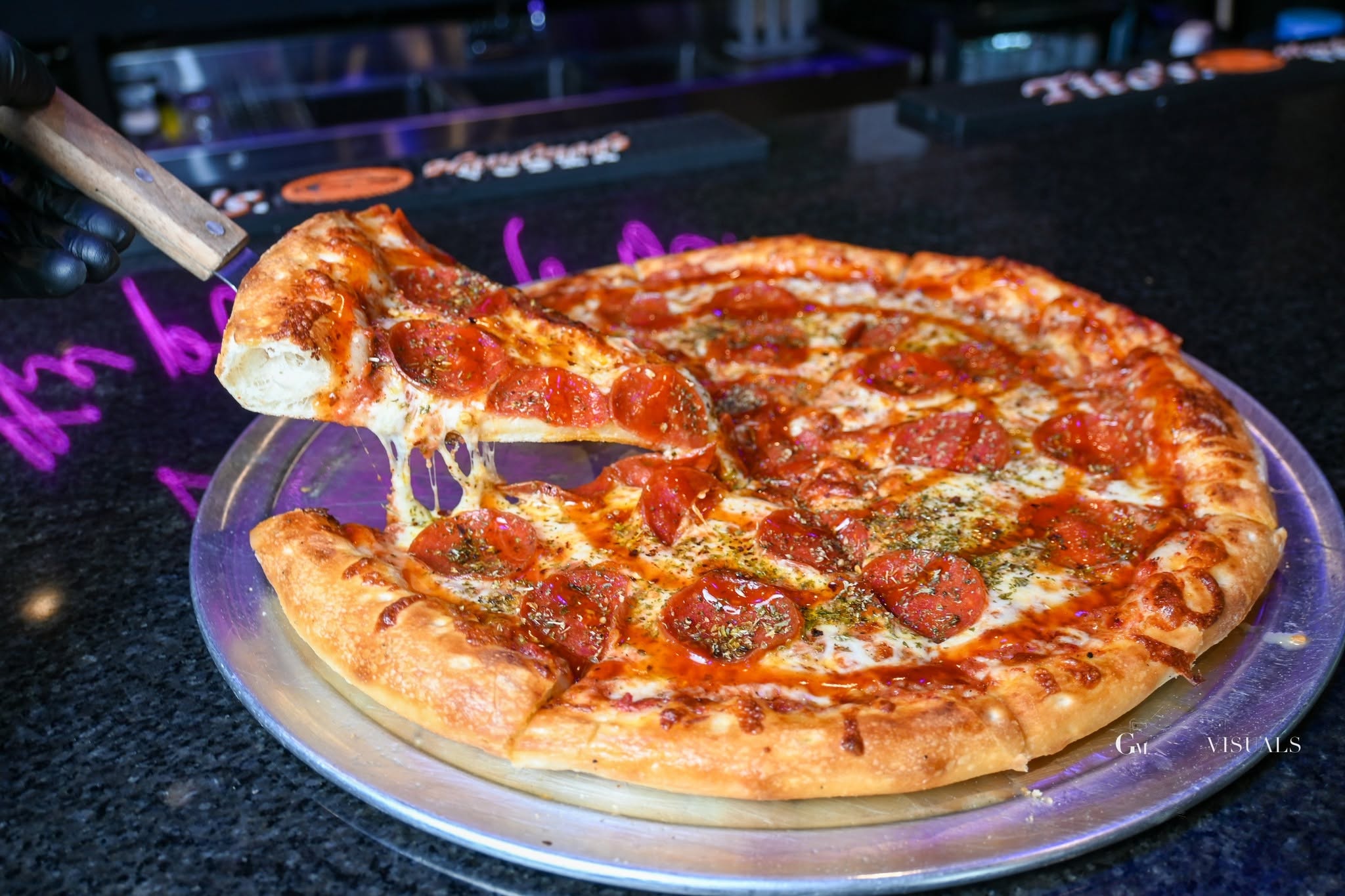 Pepperoni pizza served at Lucky’s Bar and Grill