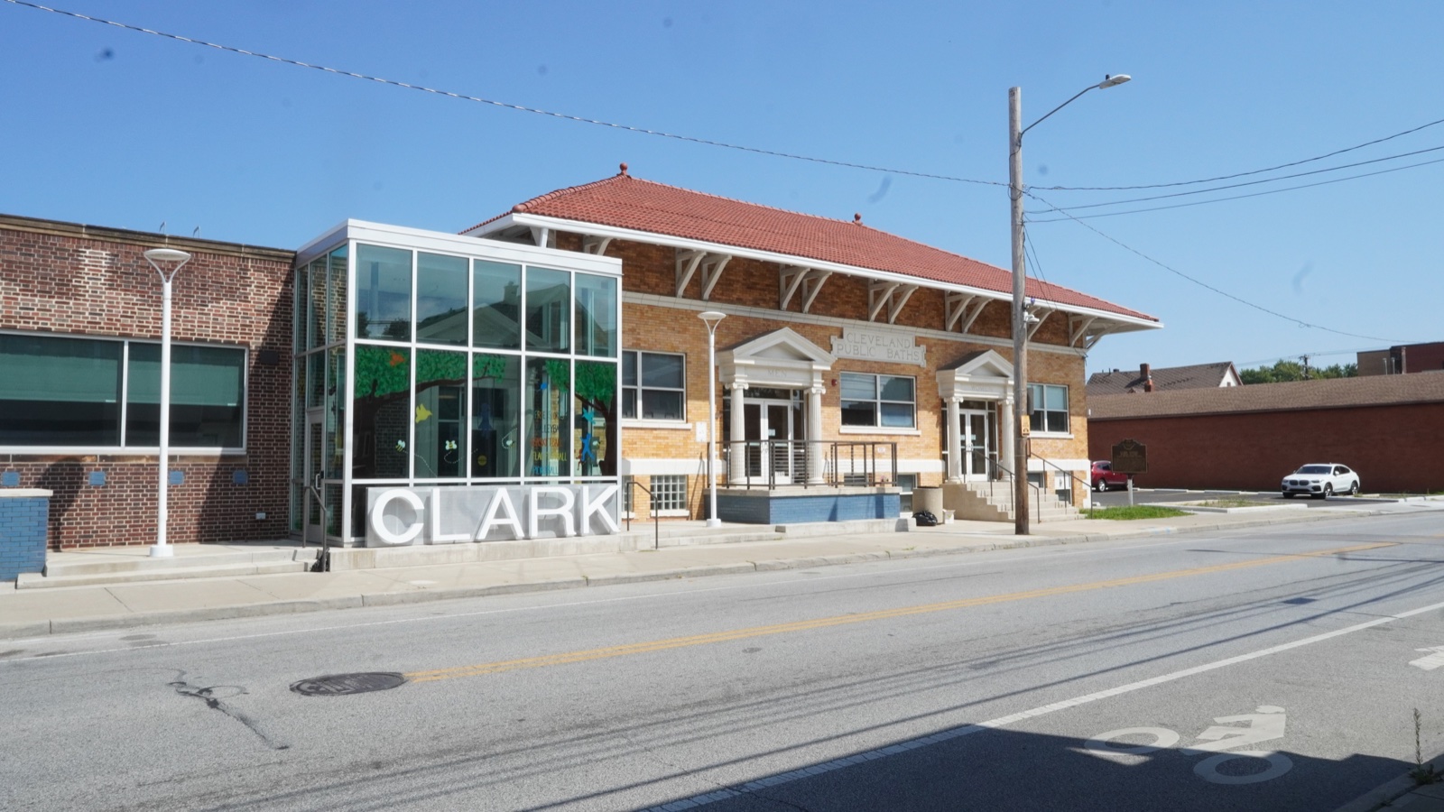 Renovated exterior of Clark Recreation Center at 5706 Clark Avenue in Cleveland