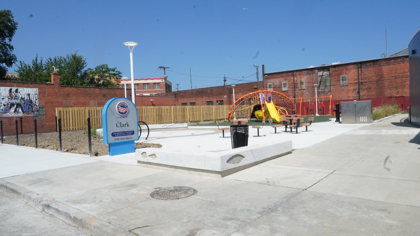 Wide view of the renovated outdoor recreation area at Clark Recreation Center