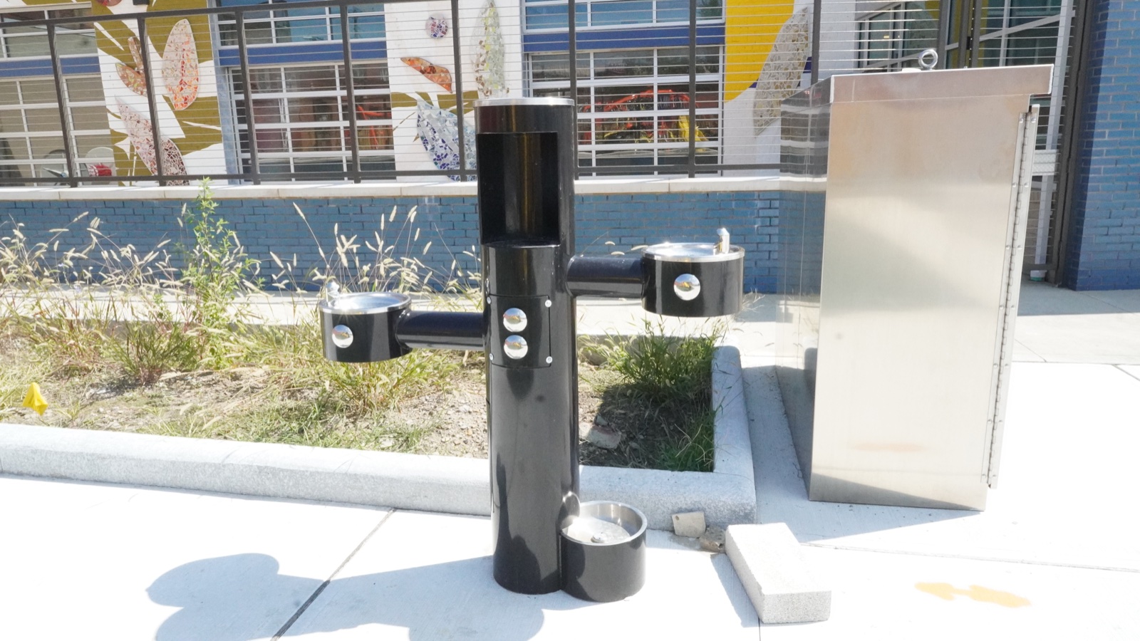Accessible bottle-filling and drinking-water station outside Clark Recreation Center
