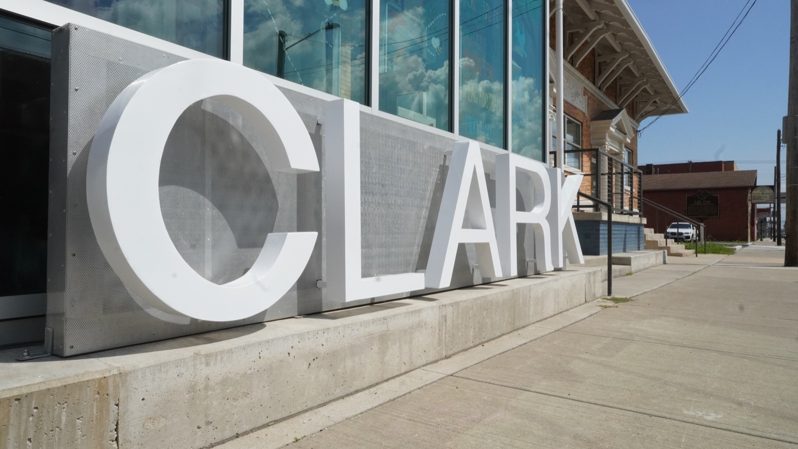 Large CLARK letters outside the renovated recreation center