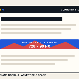 Sample showing the Cleveland Boricua Article banner advertising placement at 728 × 90 px