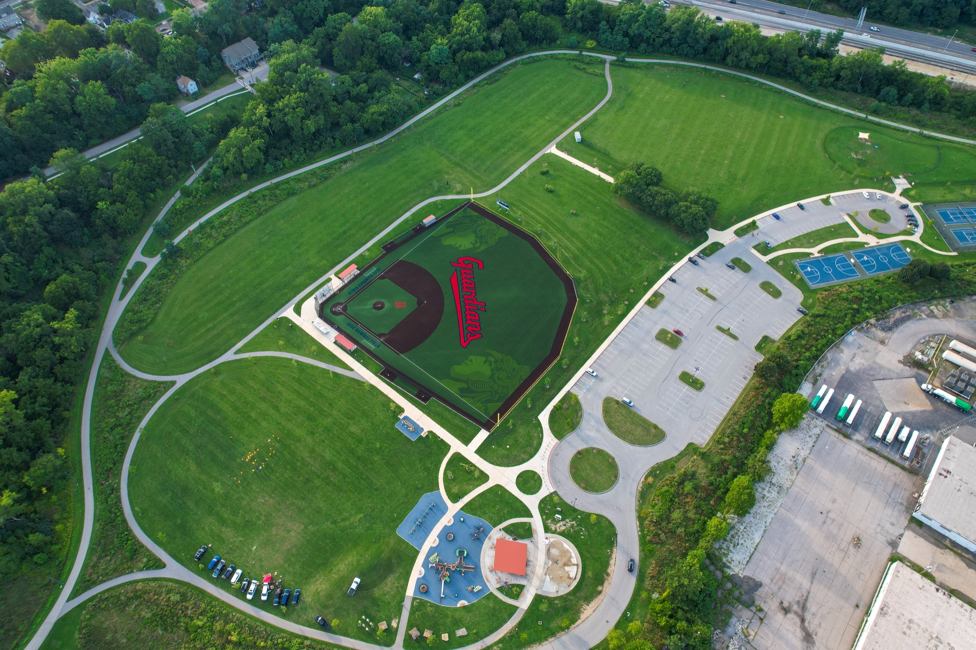 Aerial view of José Ramírez Field and the surrounding Clark Field park in Cleveland, planned site of the Boricua Block Party on September 12, 2026.