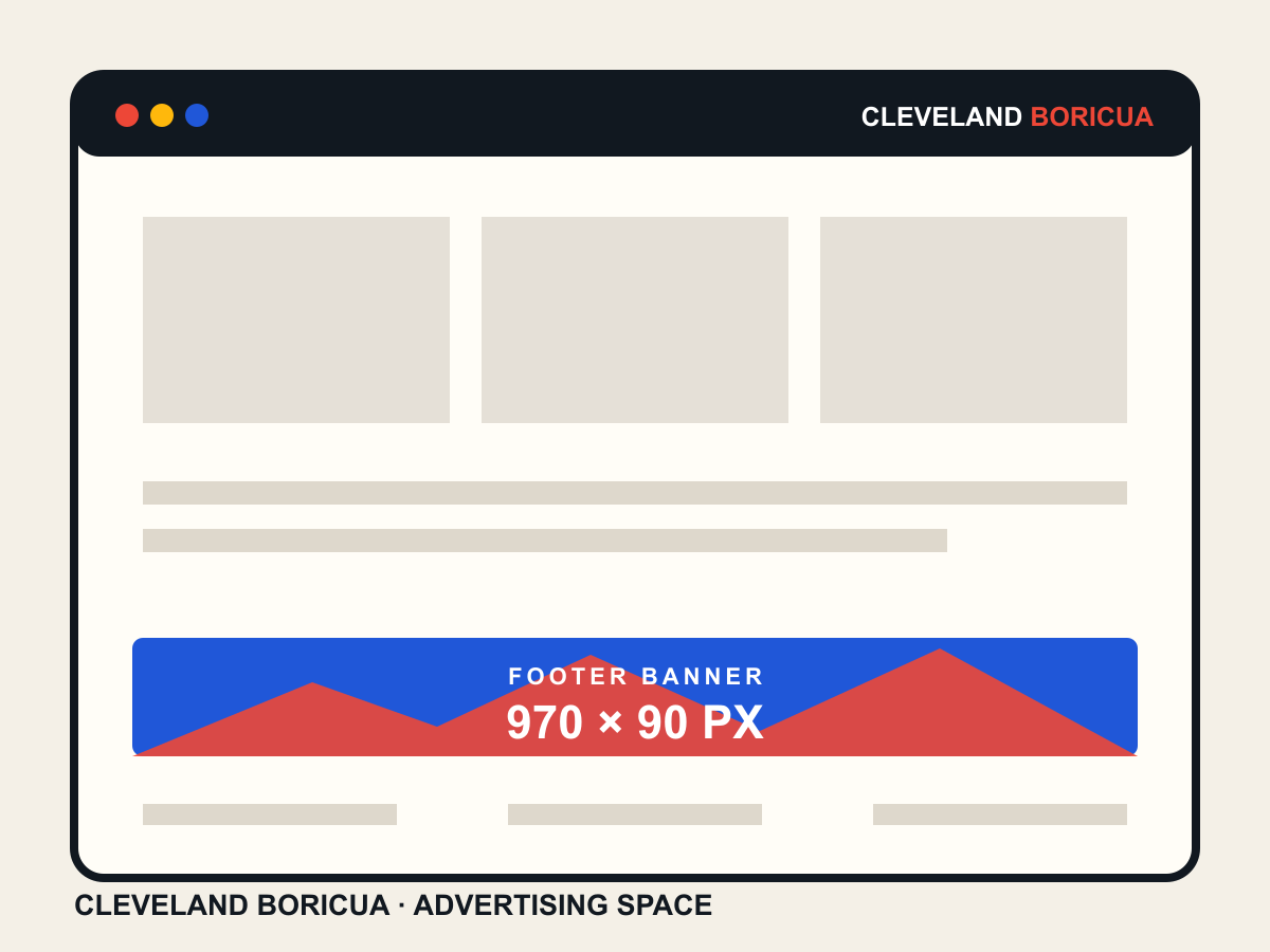 Sample showing the Cleveland Boricua Footer banner advertising placement at 970 × 90 px