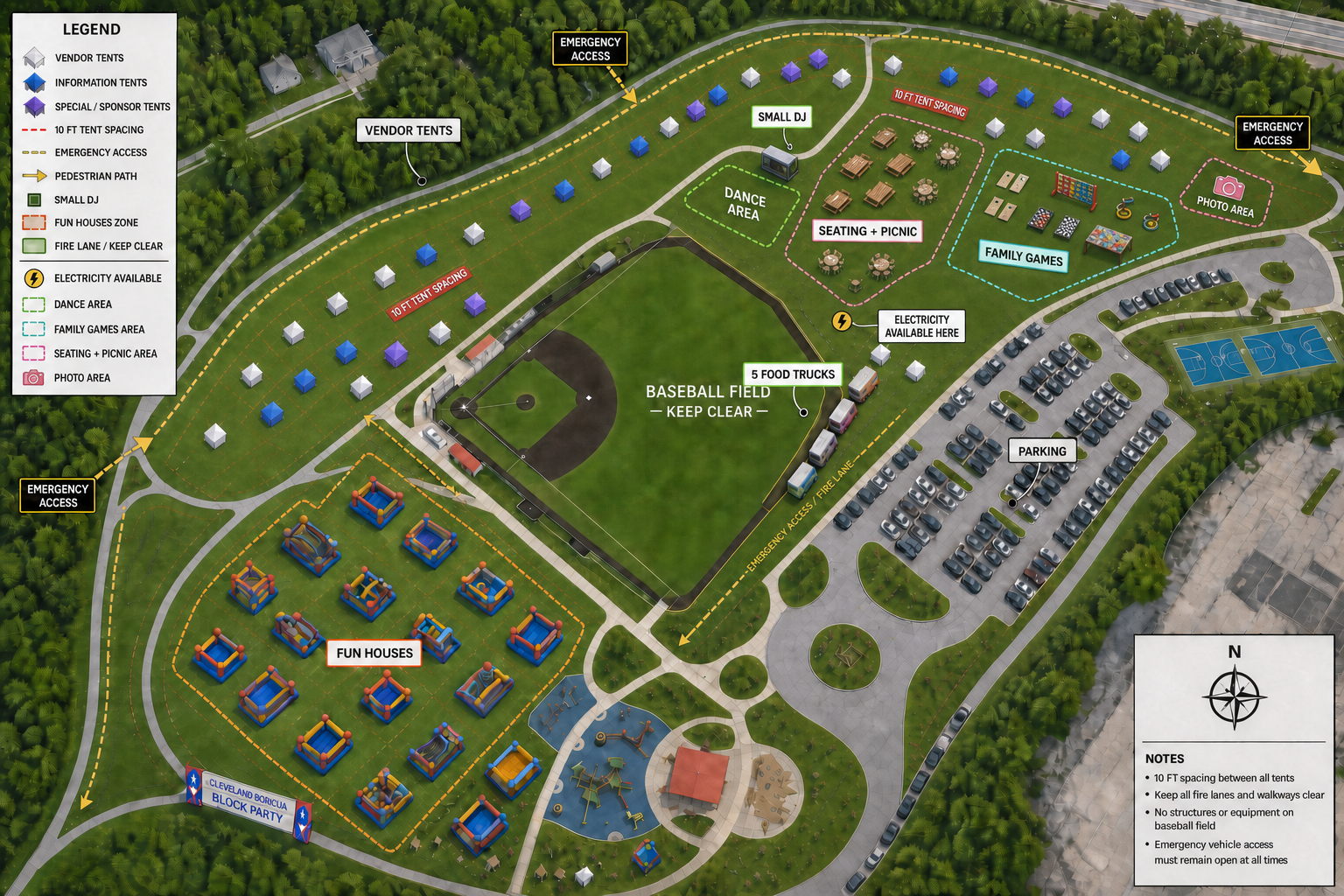 Illustrated Clark Field floor plan for the Cleveland Boricua Block Party showing vendor tents, emergency access, dance area, seating, family games, photo area, five food trucks, parking and fun houses.