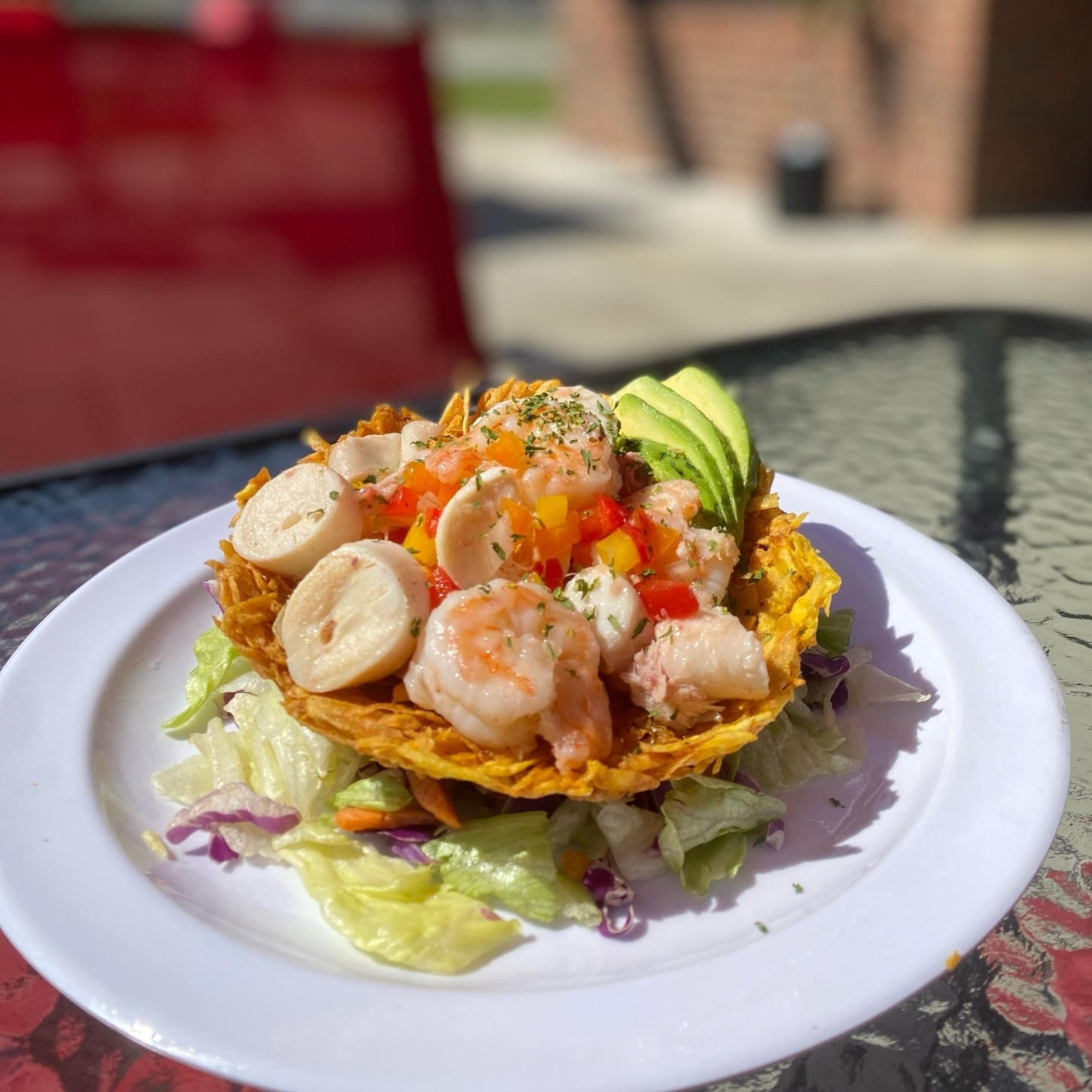 Seafood plantain basket with shrimp and avocado at Sazón Boricua