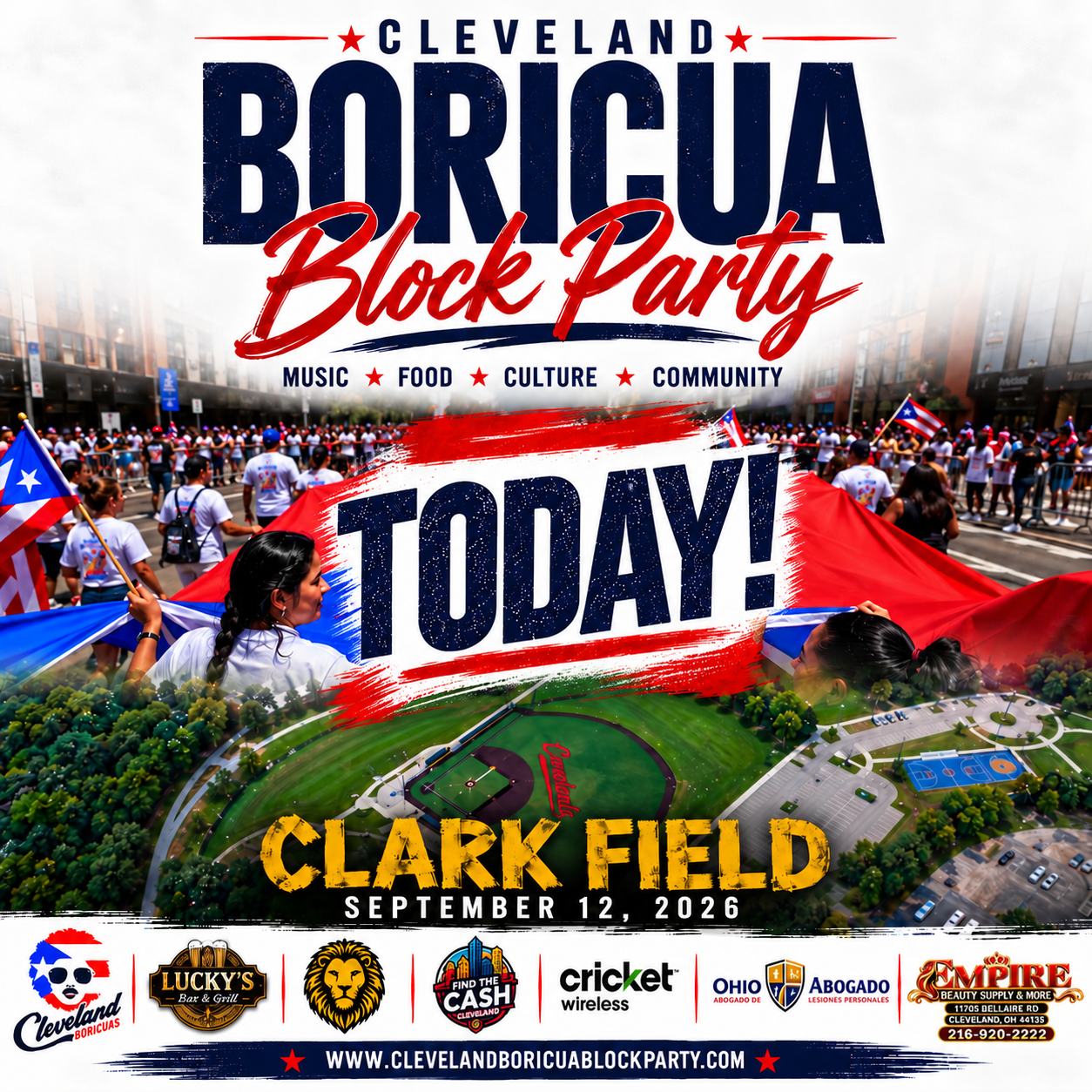 Cleveland Boricua Block Party today at Clark Field, September 12, 2026 — music, food, culture and community.