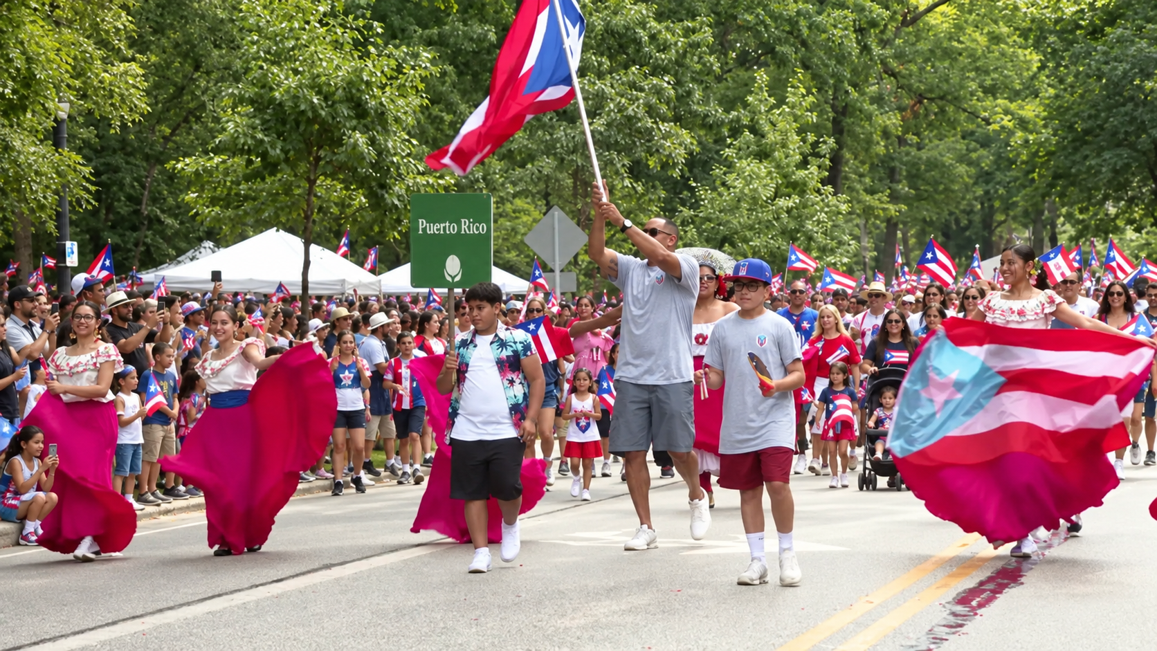 Puerto Rican community parade in Cleveland Cultural Gardens with flags and dancers