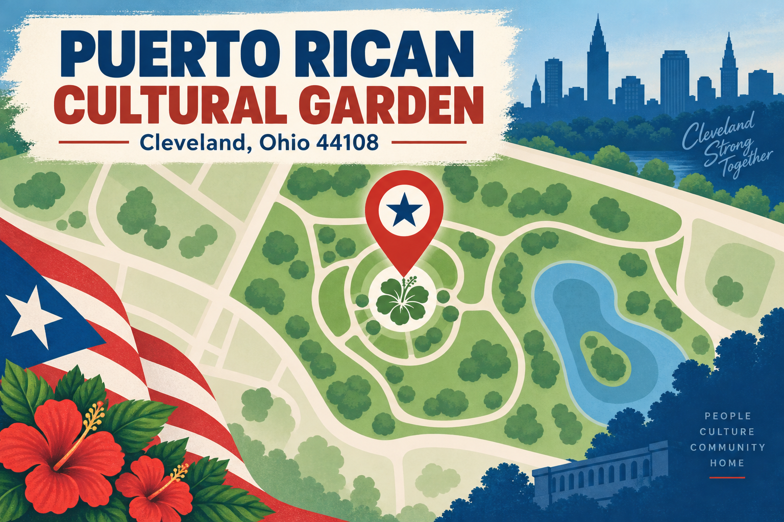 Illustrated location map for the Puerto Rican Cultural Garden in Cleveland, Ohio