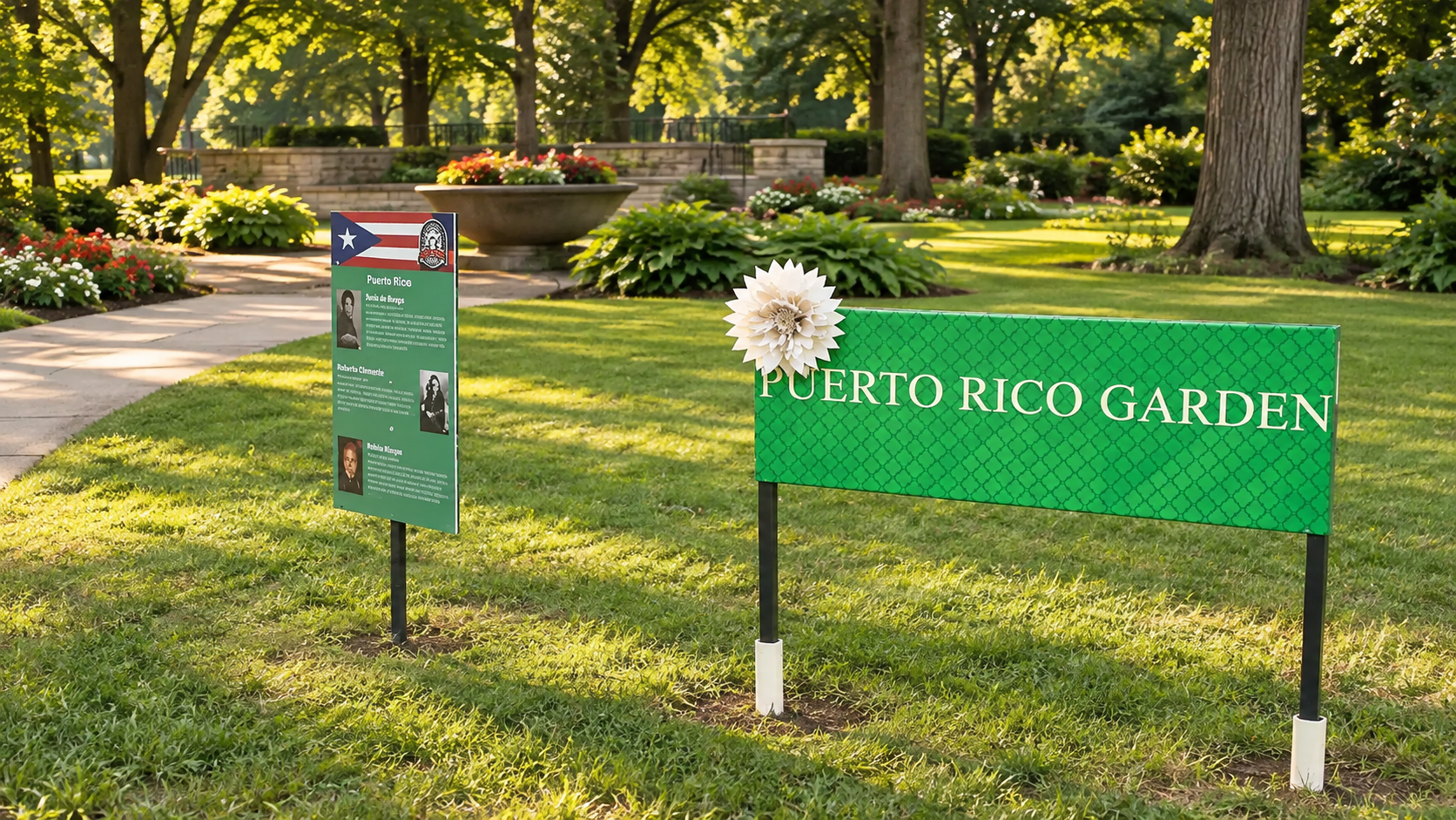 Puerto Rico Garden sign in a landscaped Cleveland park