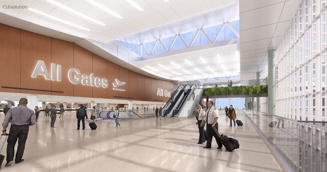 CLEvolution concept rendering of a bright passenger hall with skylights, escalators and all-gates signs
