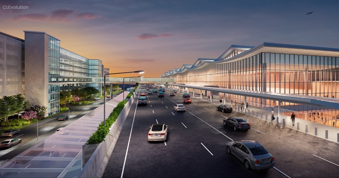 CLEvolution concept rendering of the Hopkins departures roadway at dusk, with a parking structure beside an illuminated terminal
