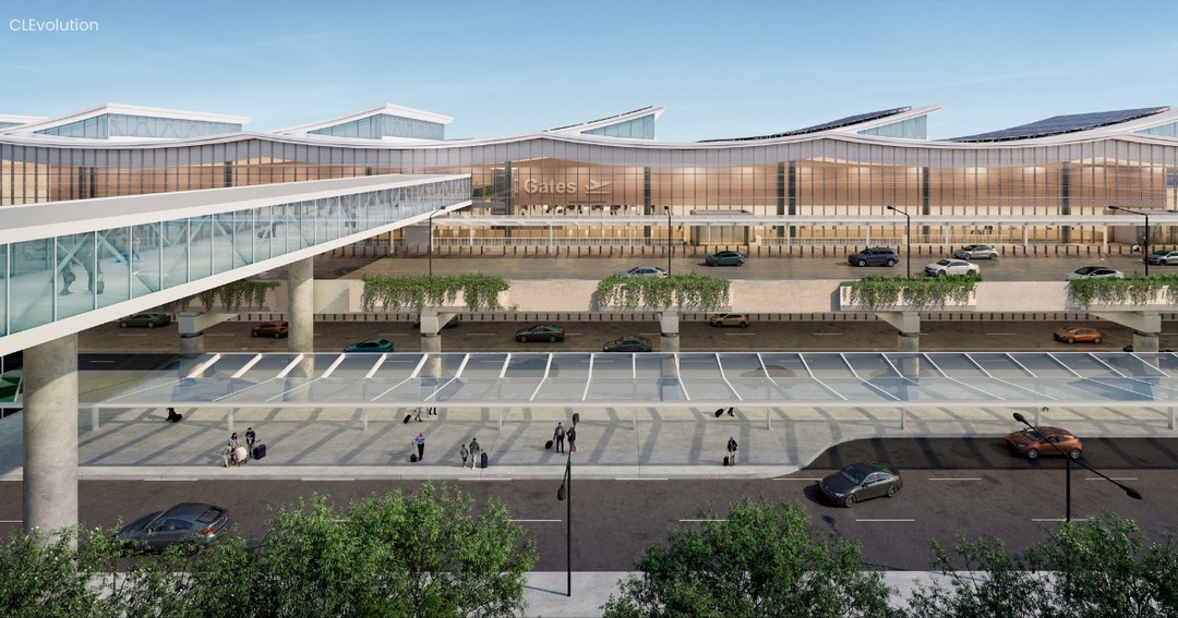 CLEvolution concept rendering showing terminal frontage, roadway levels and an enclosed pedestrian bridge