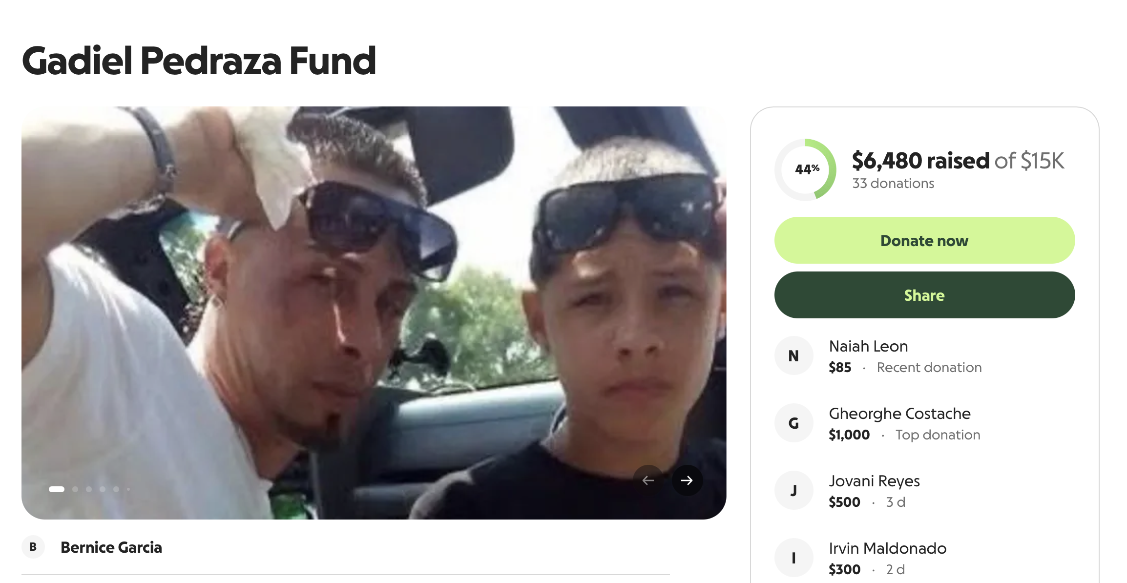 Captura de la campaña Gadiel Pedraza Fund. Haz clic para abrir GoFundMe y donar.