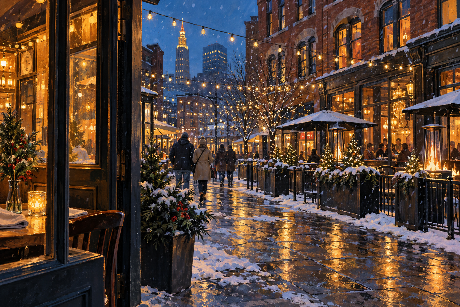 AI-generated illustration of a Cleveland-inspired dining street with warm lights and snow