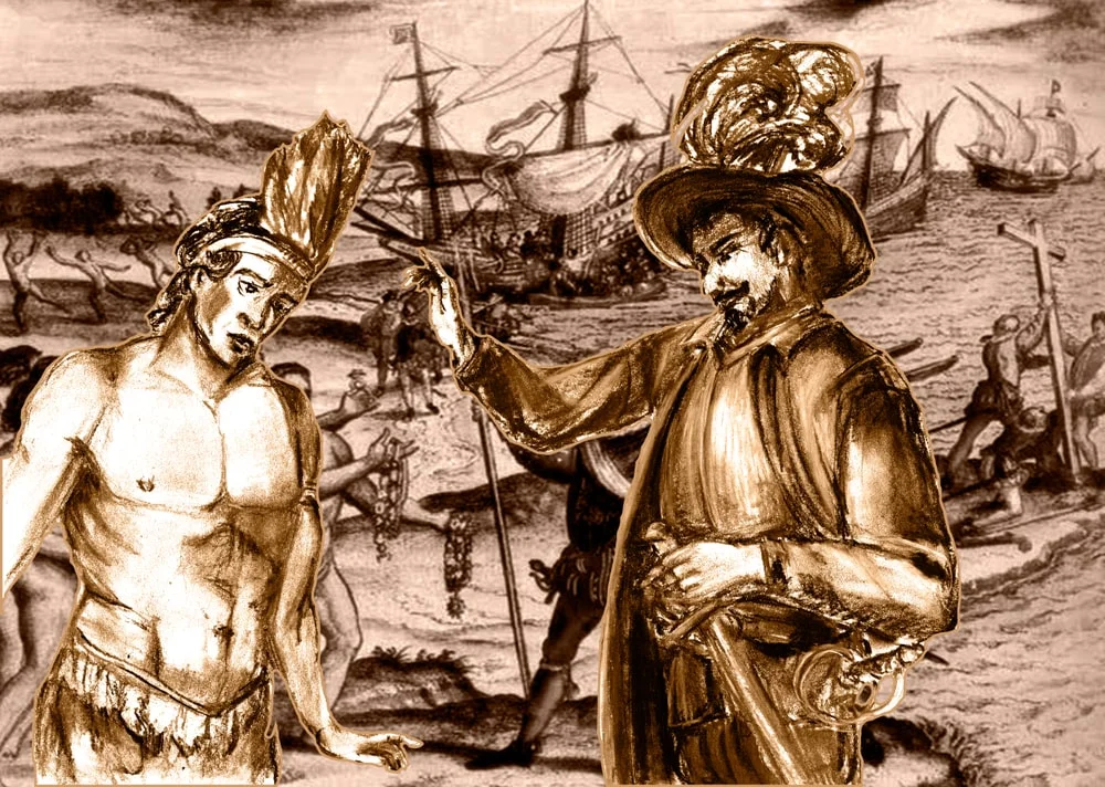 Sepia illustration portraying an Indigenous figure and a European colonizer, with sailing ships in the background