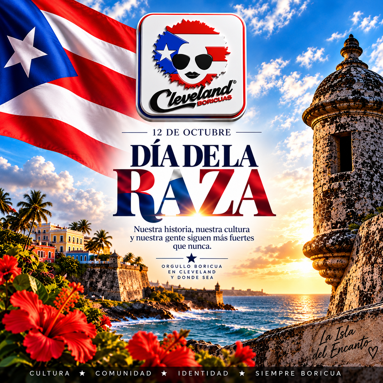 Square Cleveland Boricuas Día de la Raza artwork with the Puerto Rican flag and Old San Juan scenery