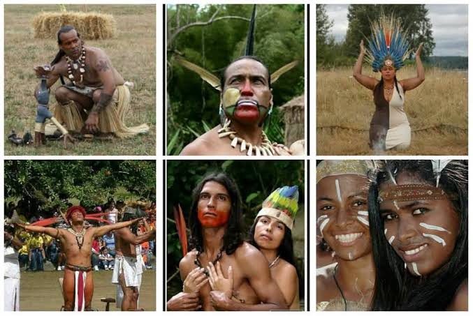 Six-image collage of people wearing body paint, necklaces, and feathered adornments