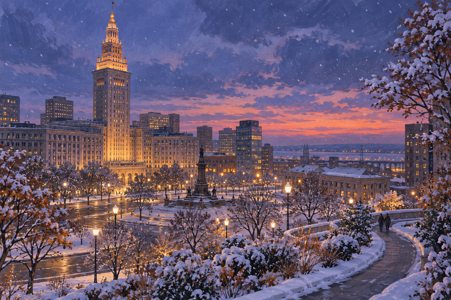 AI-generated winter illustration of Cleveland’s Terminal Tower and a snow-dusted Public Square at twilight.