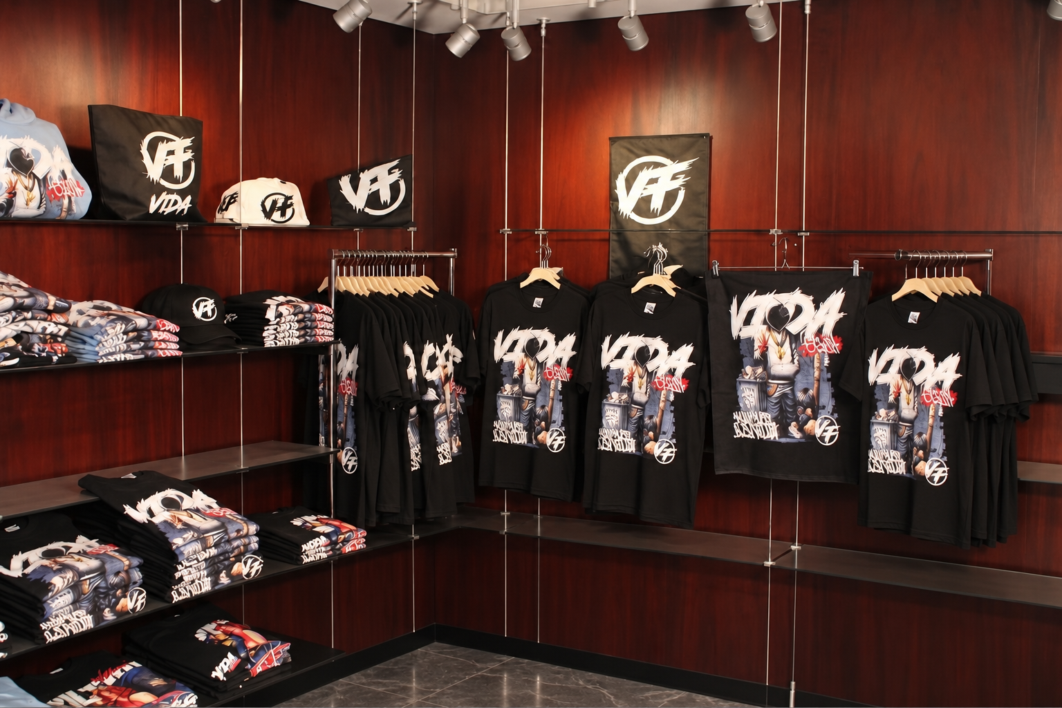 Edited VIDA FRESH apparel display with folded shirts, hanging graphic T-shirts and VF logos, with no people