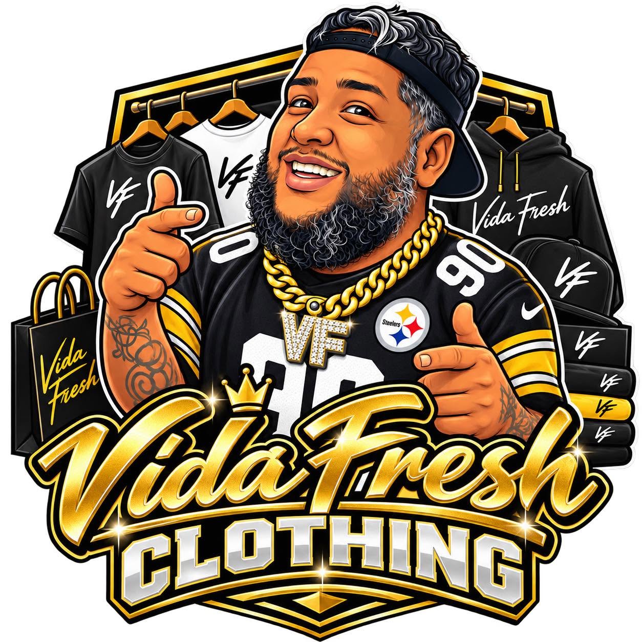 Illustrated VIDA FRESH Clothing promotional graphic with a smiling character, apparel and a gold wordmark