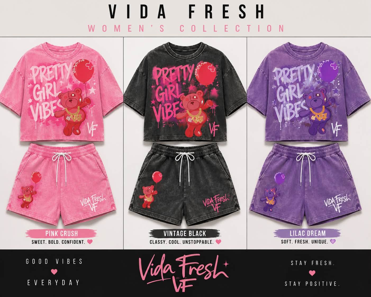 VIDA FRESH promotional panel showing pink, black and purple graphic shirt-and-shorts sets