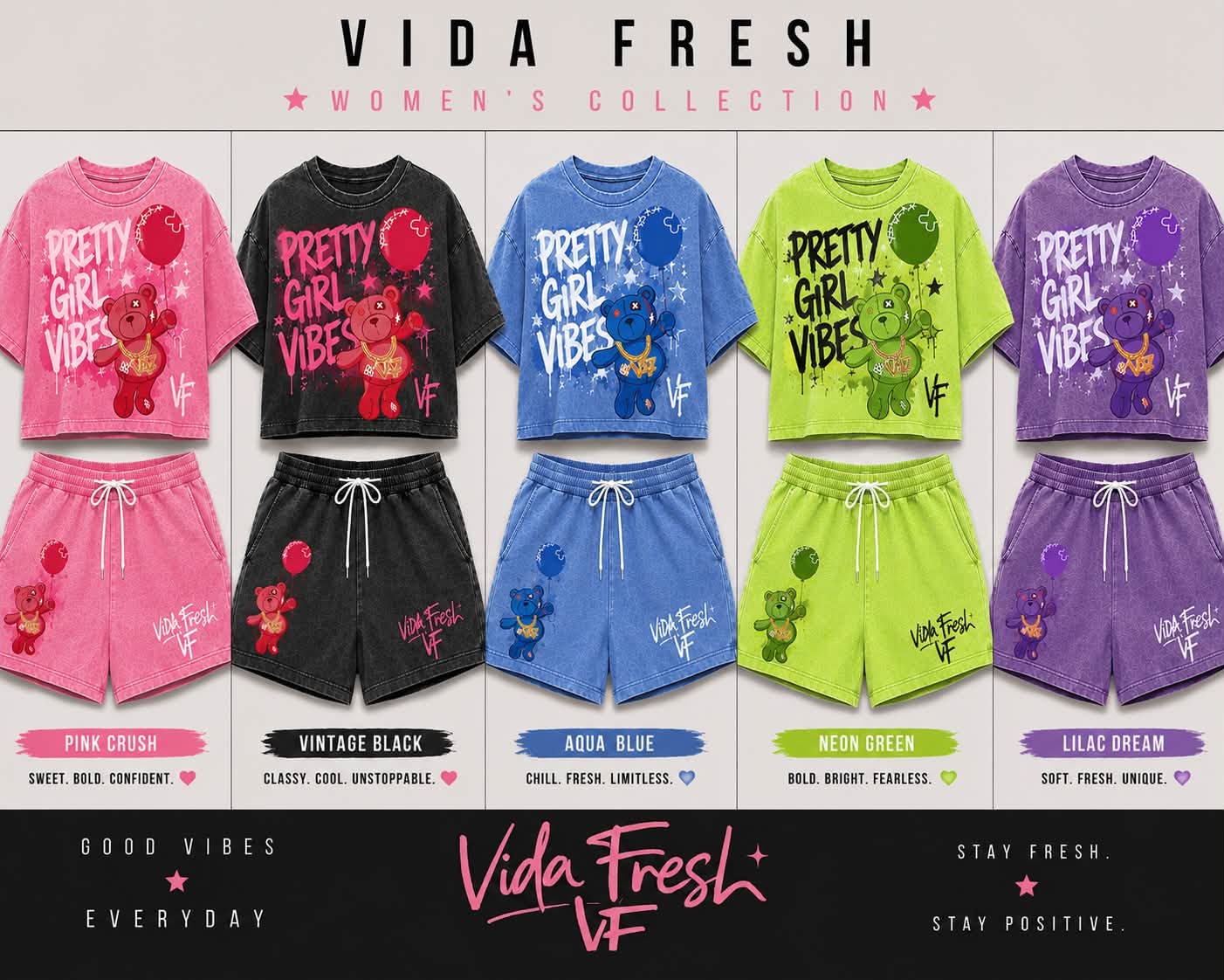 VIDA FRESH women’s collection promotional panel showing pink, black, blue, neon green and purple shirt-and-shorts sets
