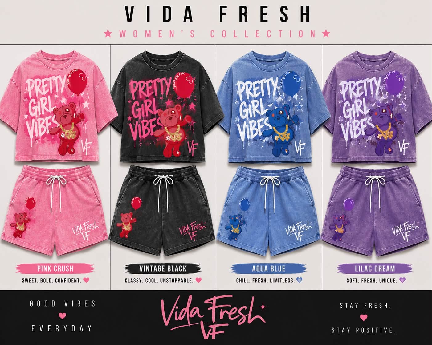 VIDA FRESH promotional panel showing matching pink, washed black, blue and purple Pretty Girl Vibes outfits