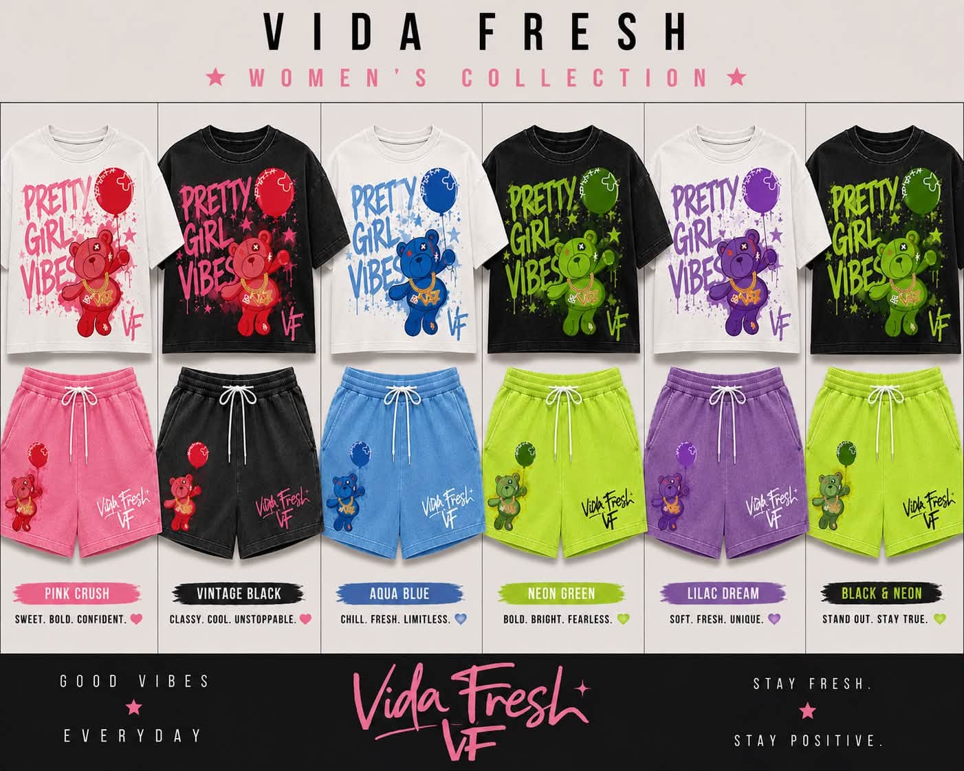 VIDA FRESH women’s collection promotional panel showing six colorful graphic shirt-and-shorts combinations
